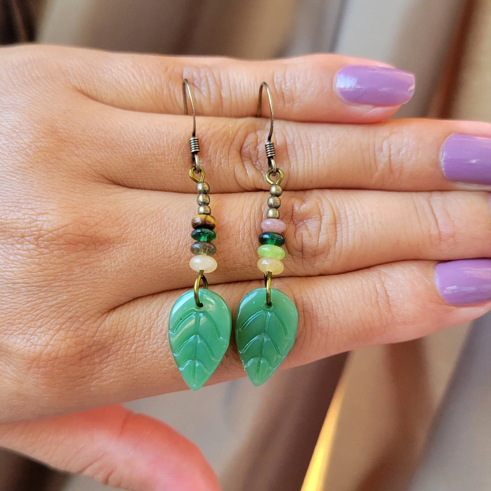 Handmade Small Forest Leaf Beaded Earrings.